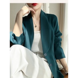 Plus Size - Women'S Luxury -Like Satin Loose-Fitting Suit Jacket - Thin Design Professional High-End Tailored Blazer, Solid Color Elegant Office & Formal Wear, Spring/Autumn Versatile Outerwear for Business, Weddings, Semi-Formal Events - Women'S Fa