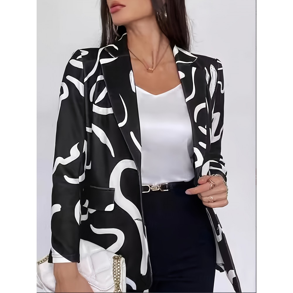 Plus Size, Women's Plus Size Abstract Line Art Blazer - & Notch Collar Jacket, H-Line Silhouette with Single-Breasted Button Closure, White & Black, for Office, Semi-Formal & Casual Attire - Elegant & Tailored (Machine Washable)