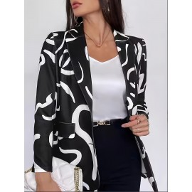 Plus Size, Women's Plus Size Abstract Line Art Blazer - & Notch Collar Jacket, H-Line Silhouette with Single-Breasted Button Closure, White & Black, for Office, Semi-Formal & Casual Attire - Elegant & Tailored (Machine Washable)