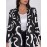 Plus Size, Women's Plus Size Abstract Line Art Blazer - & Notch Collar Jacket, H-Line Silhouette with Single-Breasted Button Closure, White & Black, for Office, Semi-Formal & Casual Attire - Elegant & Tailored (Machine Washable)