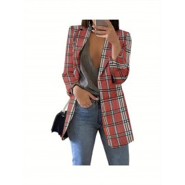 Plus Size - Plus Size, Women'S Plus Size Blazer Jacket - Vintage Red/Black/Plaid, Not See-Through Fabric, Front Opening Long Sleeve Cardigan Coat for Office, Party, Everyday - Sizes L-3XL (Curvy Women Fit) - Spring/Fall Outerwear, Party Outfit, Fall Wardrobe, Slim Fit, Durable Material, Quality Stitching, Stylish Coatigan, Women Blazer, Red Blazer For Women Plus Size, Women Plus Leopard Blazer With Pix Fur, Plus Size Blazer For Curvy Women, Business Casual Women Plus Size