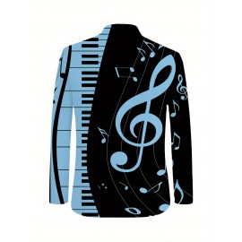 Plus Size - Women'S Musical Notes & Piano Keys Printed Suit Jacket - V-Neck Single Button Slim Fit Blazer, Black with Blue Musical Notes, All-Season Office & Casual Wear, Elegant Music-Themed Professional Apparel, Musicthemed Clothing, Durable Fabric