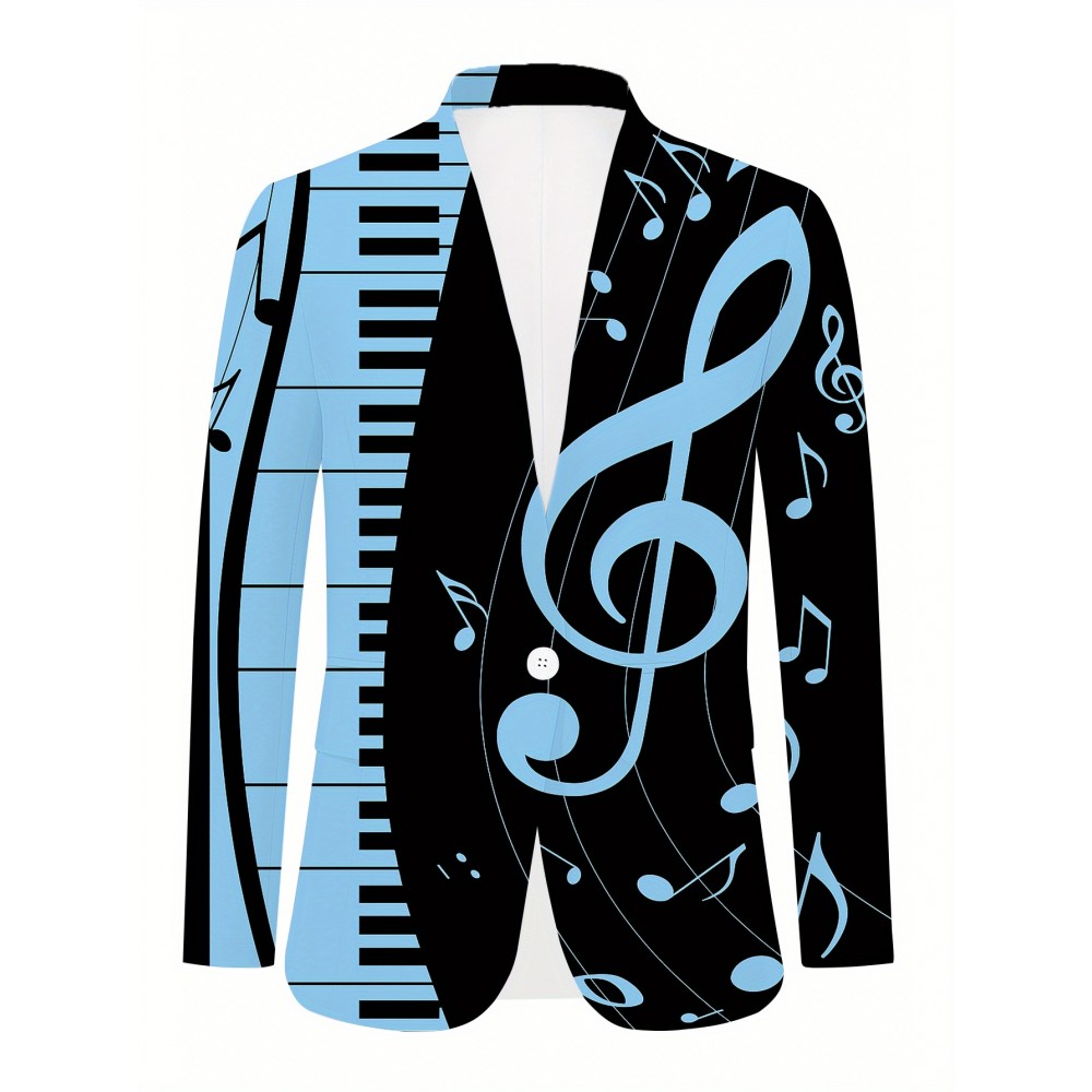Plus Size - Women'S Musical Notes & Piano Keys Printed Suit Jacket - V-Neck Single Button Slim Fit Blazer, Black with Blue Musical Notes, All-Season Office & Casual Wear, Elegant Music-Themed Professional Apparel, Musicthemed Clothing, Durable Fabric