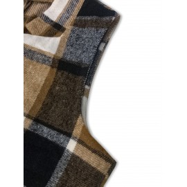 Plus Size - Plus Size, Women'S Plus Size Sleeveless Stand Collar Blazer - Elegant Plaid Print (Green/Black/White) H-Line Silhouette, Structured Lapel Collar & Open Front Closure, Long Length for Office Commute & Casual Outfits, Autumn Winter Outerwear, Versatile Tailored Fit, Workwear Essential, Highquality Stitching, Quality Tailoring