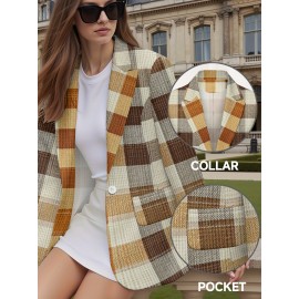 Plus Size - Plus Size Women'S H-Line Structured Blazer Jacket - Elegant Plaid Print (Brown/Beige/Tan/White) Long Sleeve Tailored Coat with Pockets, Machine Washable, Single-Button Closure for Office, Party & Semi-Formal Attire - Spring/Fall Outerwear, Versatile Casual to Professional Wear, Jackets for Women Plus Size, Plus Size Womens Coats And Jackets, Blazer for Women Plus Size Elegant Classy, Coats for Women, Plus Size Coats, Cardigan For Women, Women Cardigan, Plus