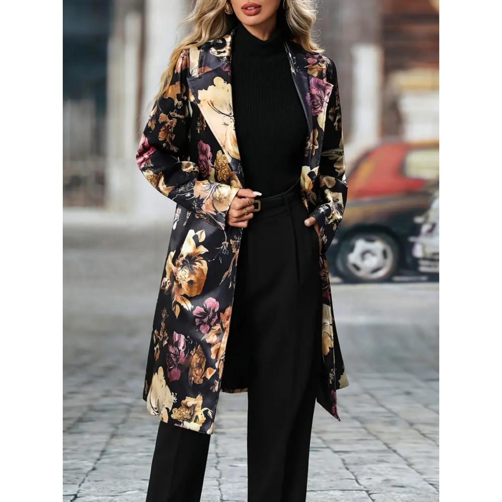 Plus Size - Plus Size Women'S Elegant Floral Print Blazer - Long Sleeve, Single-Breasted, Non-Stretch Fabric, Lapel Collar, Regular Fit, Fall/Winter Casual, Casual Wear Blazer | Floral Print Blazer | Nonstretch Fa