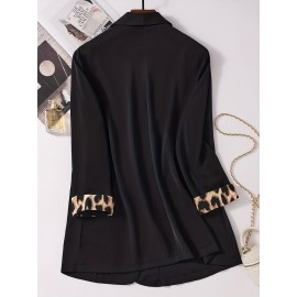 Plus Size, Black leopard print plus-size Women's suit jacket with spliced cuffs, elegant office attire for daily commuting