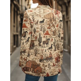 Plus Size, Women's fashion exquisite printed long-sleeved mandarin collar suit jacket, polyester suit fabric, soft lining, fake pockets, suitable for both casual and professional stylish and generous.