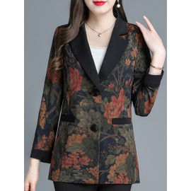 Plus Size, Scacto Women's Vintage Floral print Blazer Jacket - Elegant Lapel Collar & Belted Waist, Single-Button Front, Dropped Shoulder - Winter Formal Party Wedding Attire, Hand Washable Statement Piece for Special Occasions