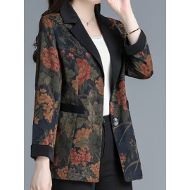 Plus Size, Scacto Women's Vintage Floral print Blazer Jacket - Elegant Lapel Collar & Belted Waist, Single-Button Front, Dropped Shoulder - Winter Formal Party Wedding Attire, Hand Washable Statement Piece for Special Occasions