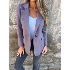 Plus Size, Women's Oversized Solid Color Tweed Lapel Jacket - Beige Brown Tailored Suit Coat with Fake Pocket, Machine Washable All-Season Casual & Formal Outerwear for Women (Large Size, Structured Fit, Button Front Closure, Relaxed Fit, Long Sleeves, Classic Collar, Versatile Casual Attire) - Elegant Tweed Fabric, Timeless Design, Suitable for Various Occasions, Easy Care, Sophisticated Look, Dress Jackets for Women Plus Size