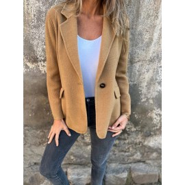 Plus Size, Women's Oversized Solid Color Tweed Lapel Jacket - Beige Brown Tailored Suit Coat with Fake Pocket, Machine Washable All-Season Casual & Formal Outerwear for Women (Large Size, Structured Fit, Button Front Closure, Relaxed Fit, Long Sleeves, Classic Collar, Versatile Casual Attire) - Elegant Tweed Fabric, Timeless Design, Suitable for Various Occasions, Easy Care, Sophisticated Look, Dress Jackets for Women Plus Size
