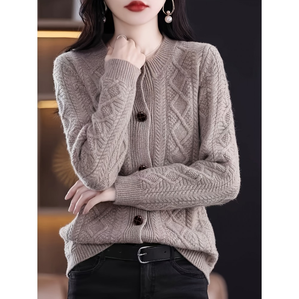 Women'S Elegant Long Sleeve Cardigan - Chic Button-Front Sweater Jacket, All-Season Layering Piece for Office, Party, Everyday - Easy-Care Women'S Outerwear in Neutral Colors (Beige, Brown, Black, Gray, Blue) - Elegant Sweater Coat, Cardigan Sweater, Party Attire, Textured Knitwear, Office Attire, Durable Material, Stylish Coat, Fashion Lovers