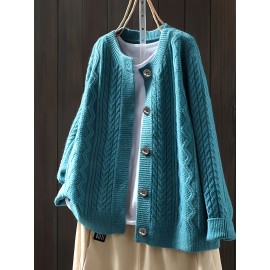 Women'S Vintage Cable Cardigan - Navy Button-Front Sweater with Ribbed Collar, Long Sleeve Casual Open Front Sweater for Spring/Fall, Office, Party