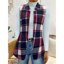 Plus Size - Plus Size, Women'S Plus Size Sleeveless Stand Collar Blazer - Elegant Plaid Print (Green/Black/White) H-Line Silhouette, Structured Lapel Collar & Open Front Closure, Long Length for Office Commute & Casual Outfits, Autumn Winter Outerwear, Versatile Tailored Fit, Workwear Essential, Highquality Stitching, Quality Tailoring