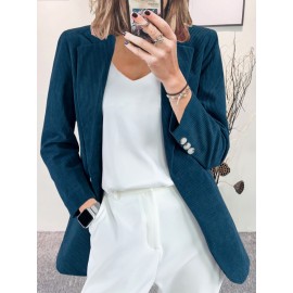 Plus Size, Plus Size Women's Corduroy Blazer Jacket - Elegant /Notch Collar Slim-Fit Cardigan, Solid Color Casual Professional Light Business Outerwear, Machine Washable Fall Winter Swe Coat for, Office & Commute - All Light Beige Tones Available