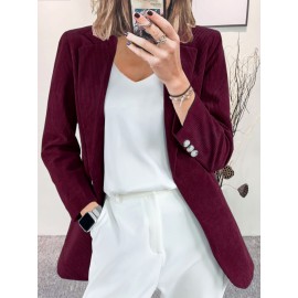 Plus Size, Plus Size Women's Corduroy Blazer Jacket - Elegant /Notch Collar Slim-Fit Cardigan, Solid Color Casual Professional Light Business Outerwear, Machine Washable Fall Winter Swe Coat for, Office & Commute - All Light Beige Tones Available